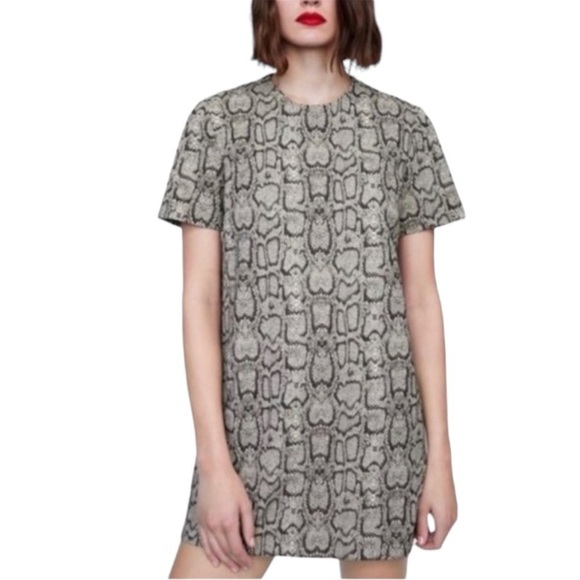 🌺ZARA WOMAN Snakeskin Print Shift Dress in Tan / Gray Size Small🌺 - Picture 1 of 5